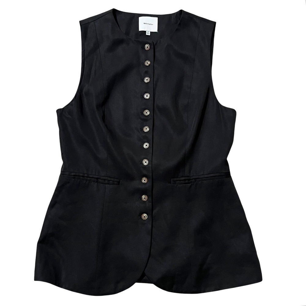 Reformation Jaden Vest Black Button Front Tailored Waistcoat Cinch Back Size 10